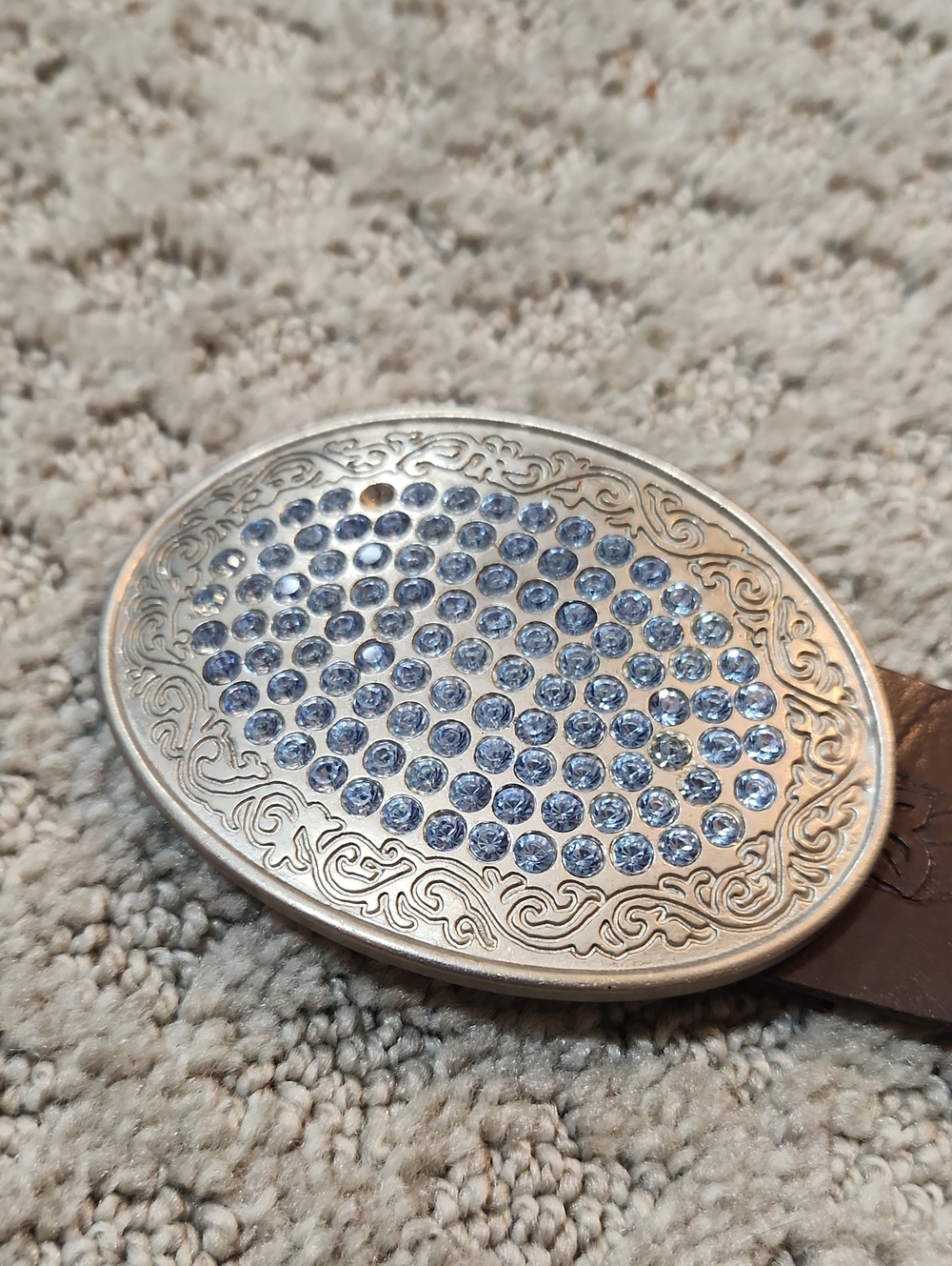 Abercrombie & Fitch Brown Leather Belt Decorative Blue Rhinestone Silver Buckle - Picture 12 of 14